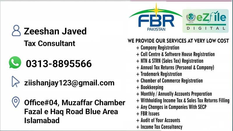 Income Tax Return, Sales tax return, Company incorporation and FBR 0