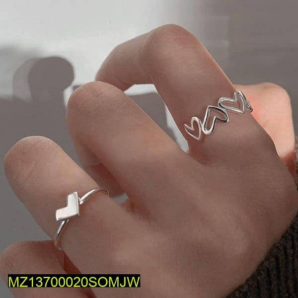 2 pcs Alloy Silver Plated Trendy Heart Design Ring Set 3