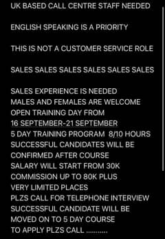 Uk based Call Centre staff needed (Spoken English Is Must)