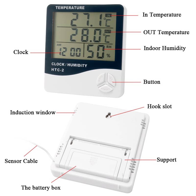 Digital Temperature Meter Humidity Meter With Clock HTC-2 HTC 2 HYGRO 4