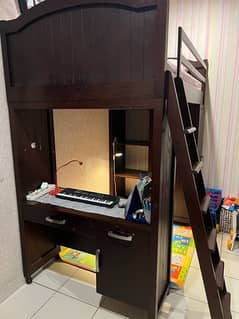 bunk bed with wardrobe, writing table, shelves