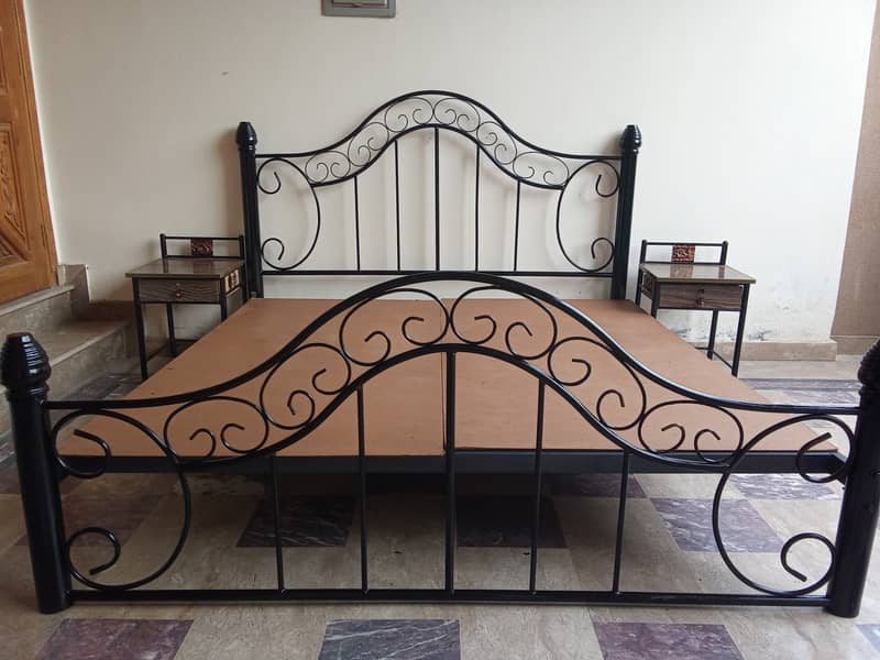 Wrought iron double bed with side table (used). Urgent sale 2