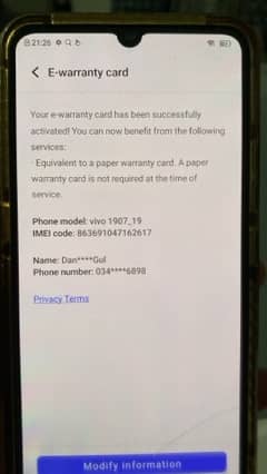 Vivo S1  warrenty card b activate h