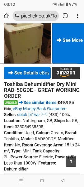 Toshiba Large De-Humidifier, Imported 13