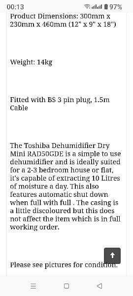 Toshiba Large De-Humidifier, Imported 15