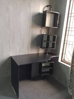 black corner study table with storage shelves 0