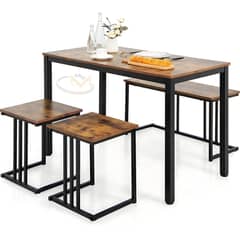 4 Piece Kitchen Dinging Table Set, Wooden Table with 2 Stools