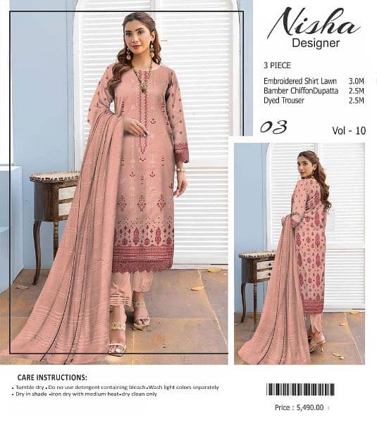 3 pcs Women's Unstitched Lawn Embroidered suit 3