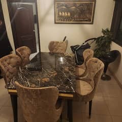 Dining table 6 seater, marble top, sofa seats, Shesham wood