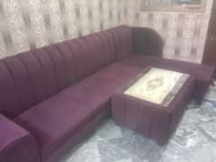 purple colour velvet POSHISH l-shape sofa with table