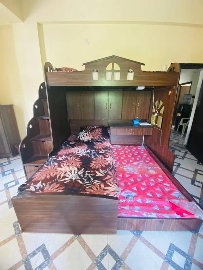 pure wooden triple story bed  set with stairs and cabinets 0