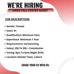 Female Required For Urdu Call Center