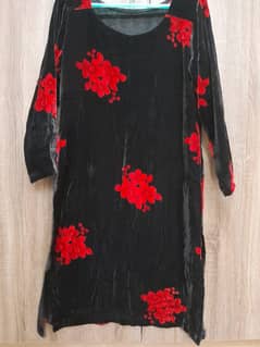 Black formal velvet 2 piece suit with printed red flowers