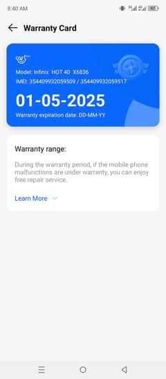 Infinix hot 40 8.256 under warranty. 1.5. 2025