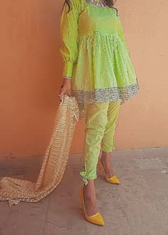 light green frock with designing shalwar and organza dupatta