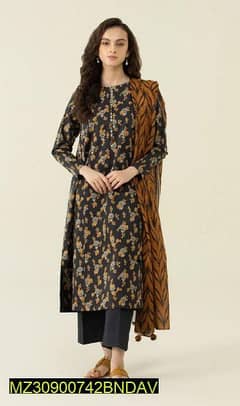 3 Pcs Women's Unstitched Khadar Printed Suit 0