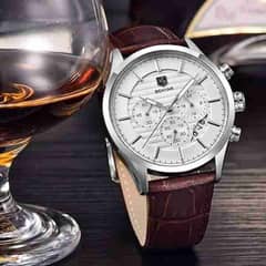 Benyar Brown Leather Silver Chronograph Wrist Watch Gift