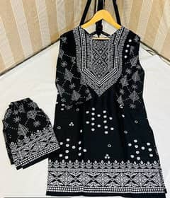 2 PCs women's, stitched linen block printed suit