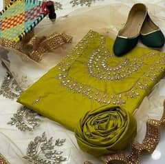 3 PCS Woman's Unstitched katan silk Embroidered Suit 0