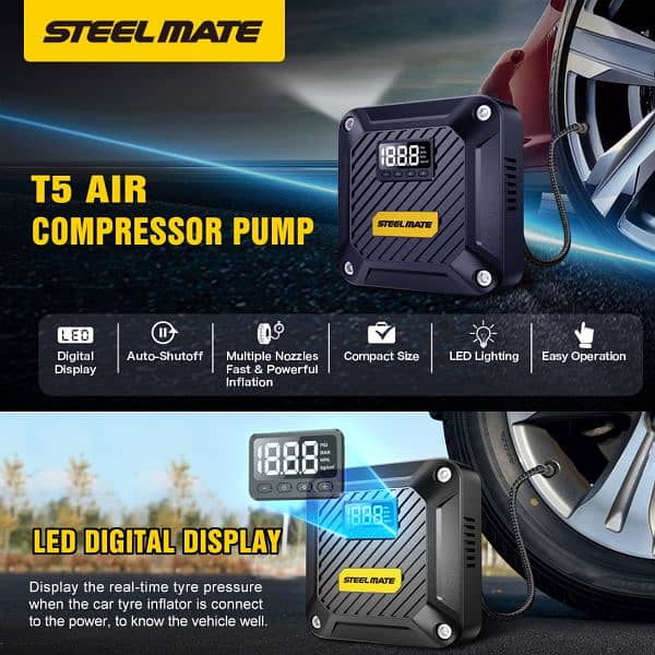 STEELMATE T5 Tyres Inflator Air Compressor  Digital Gauge, Auto 7