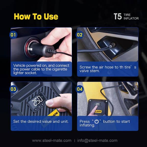 STEELMATE T5 Tyres Inflator Air Compressor  Digital Gauge, Auto 9