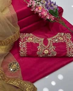 3Pcs Women's Unstitched Kotan Silk Embroidered Suit. 0