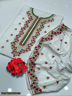 2 Pcs Women's Unstitched  Cotton Embroidered Suit