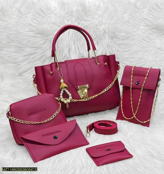 5 Pcs Women's PU Leather Plain Hand Bag Set 1