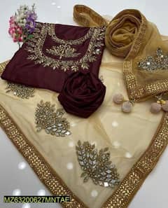 3 Pcs Women's Unstitched Katan Silk
Embroidered Suit