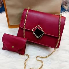 2 PC's PU Leather Hand Bag With Long Golden chain For Girls