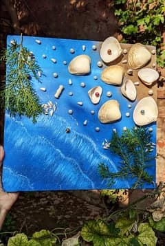 Sea painting with pearls and real seashells