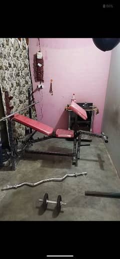 Gym in home, bench press multi purpose bench, weights,  gym equipment