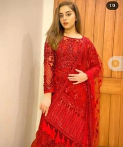 Unstich Embroided Net 3 Piece Red Suit.