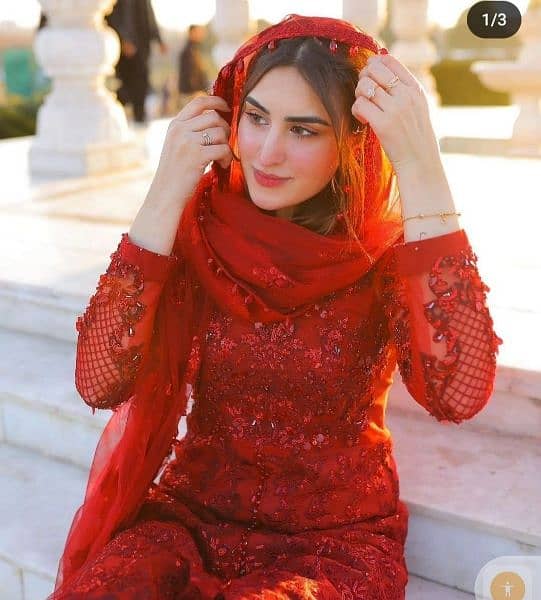 Unstich Embroided Net 3 Piece Red Suit. 1