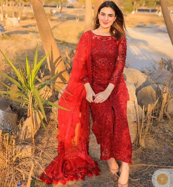 Unstich Embroided Net 3 Piece Red Suit. 4