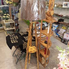 Wooden tripod floor lamp in rich oak color