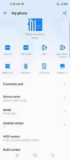 Tecno camon 16 se 6Gb ram 128 memory only box 10/9.5 condition