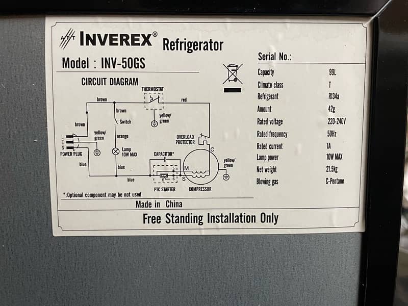 Inverax Refigerator, Model: INV-50GS 8