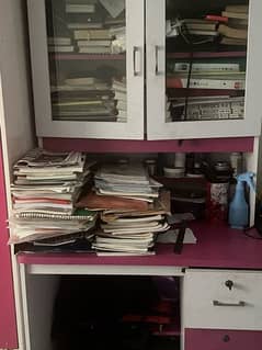 kids cute matching cupboard and study table in pink and white color