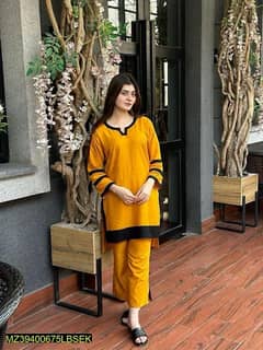 2pcs woman stitched Arabic lawn plain co_ord suit