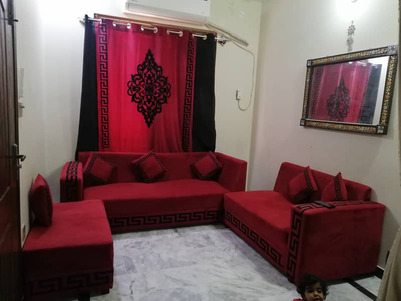 L shaped sofa with velvet curtain 0