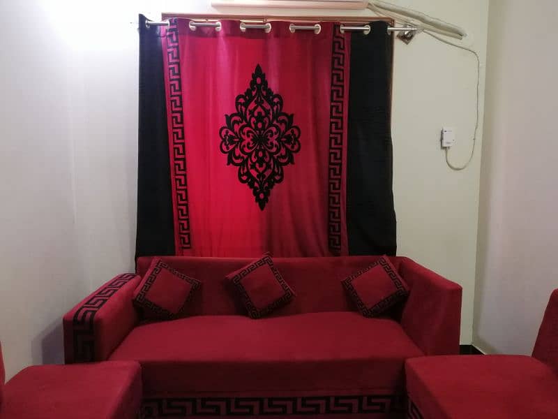 L shaped sofa with velvet curtain 1