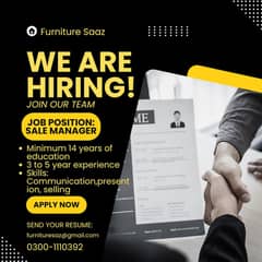 Sale Manager required for Furniture Brand