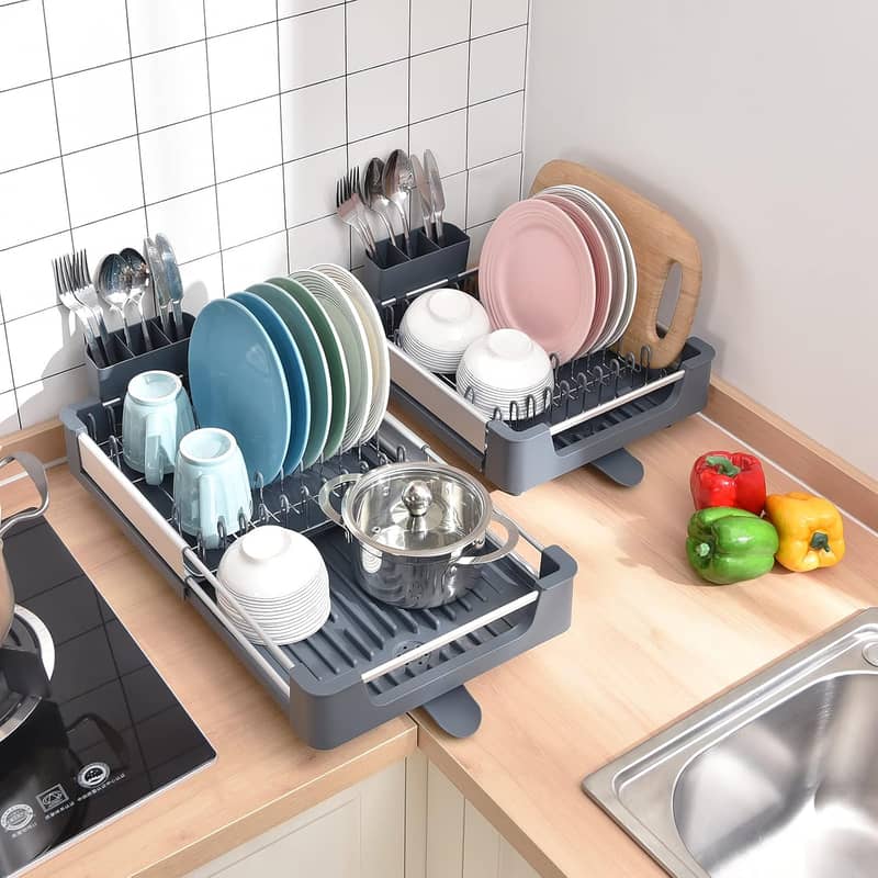 Stainless steel dish drying rack, adjustable kitchen dish organizer w 1