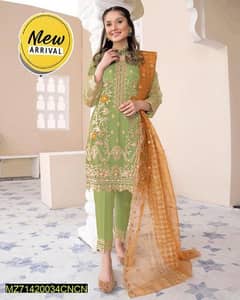 3 Pcs Women's Stitched Organza Embroidered Suit 0