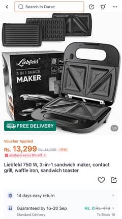 Liebfeld 800W, 3-in-1 sandwich maker, grill, waffle, sandwich toaster 0