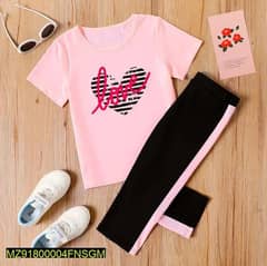 2 PCS stitched Cotton Tee shirt and cotton  trouser - Baby pink love