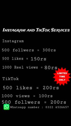 Instagram TIktok Views Likes Follwers service Available