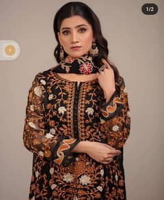 Black Heavy Embroided 3 Piece Suit Organa Dupata. .