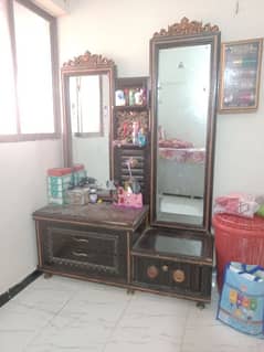 bed, cupboard, dressing table, iron stand